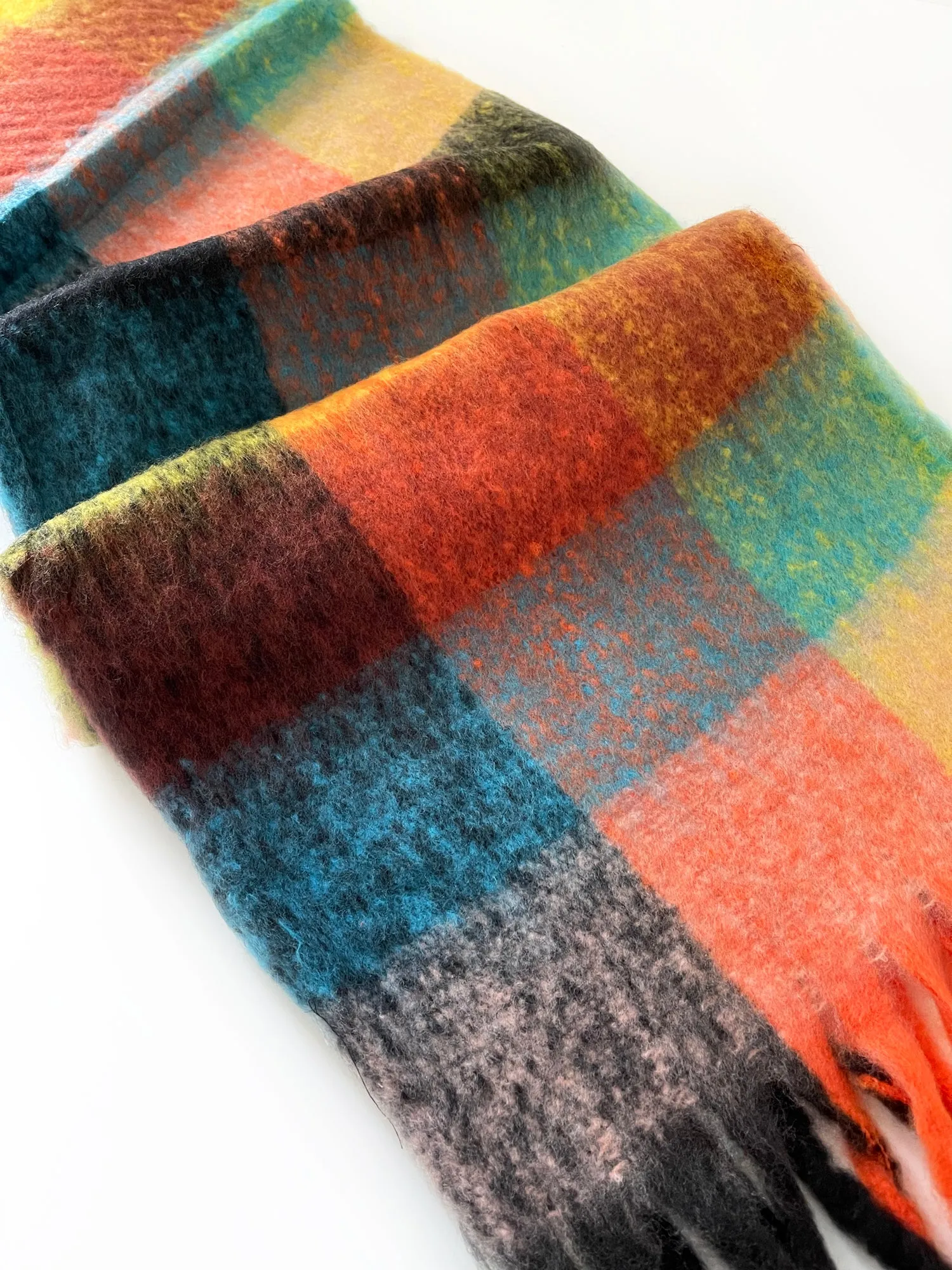 BLACK CHECKED WOOL RAINBOW BLANKET SCARF OVERSIZED WINTER SHAWL WRAP