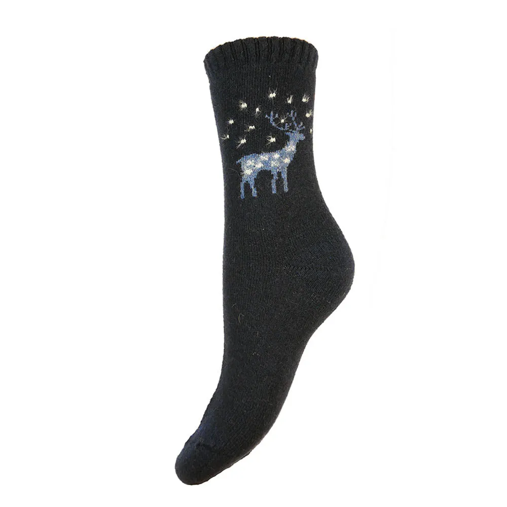 Dark blue Wool Blend Socks with Reindeer