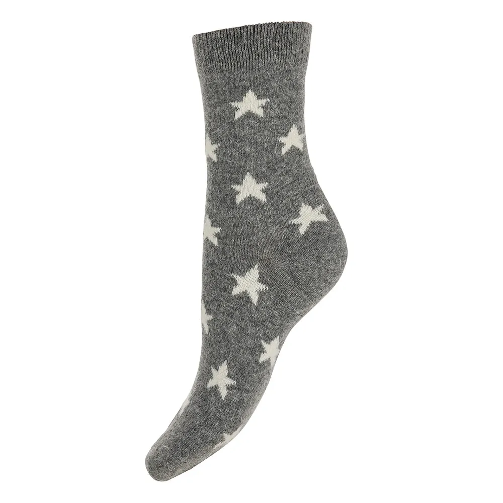 Grey  with cream Stars, wool blend socks size 4-7