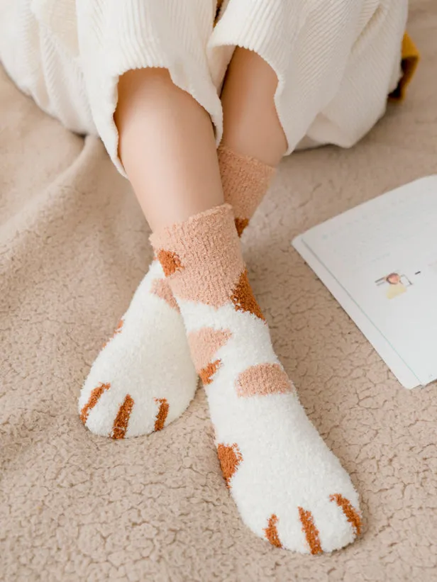 Kawaii Fluffy Room Socks - Cat Paws Brown