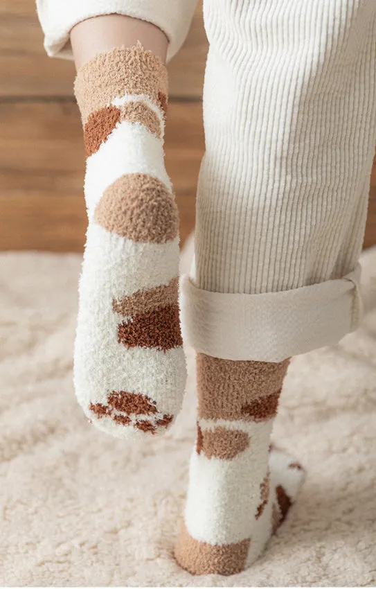 Kawaii Fluffy Room Socks - Cat Paws Brown