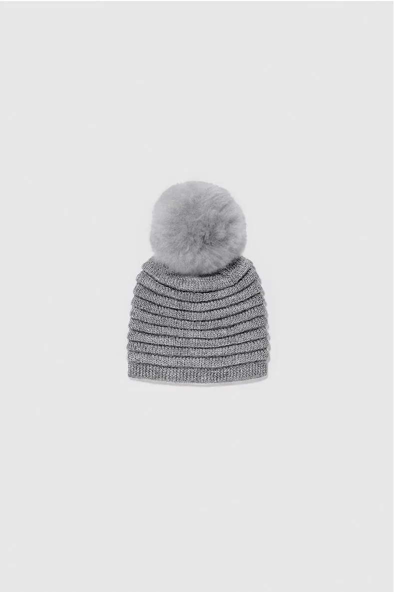 Kids (4-5 Years) Ribbed Hat with Oversized Fur Pompon