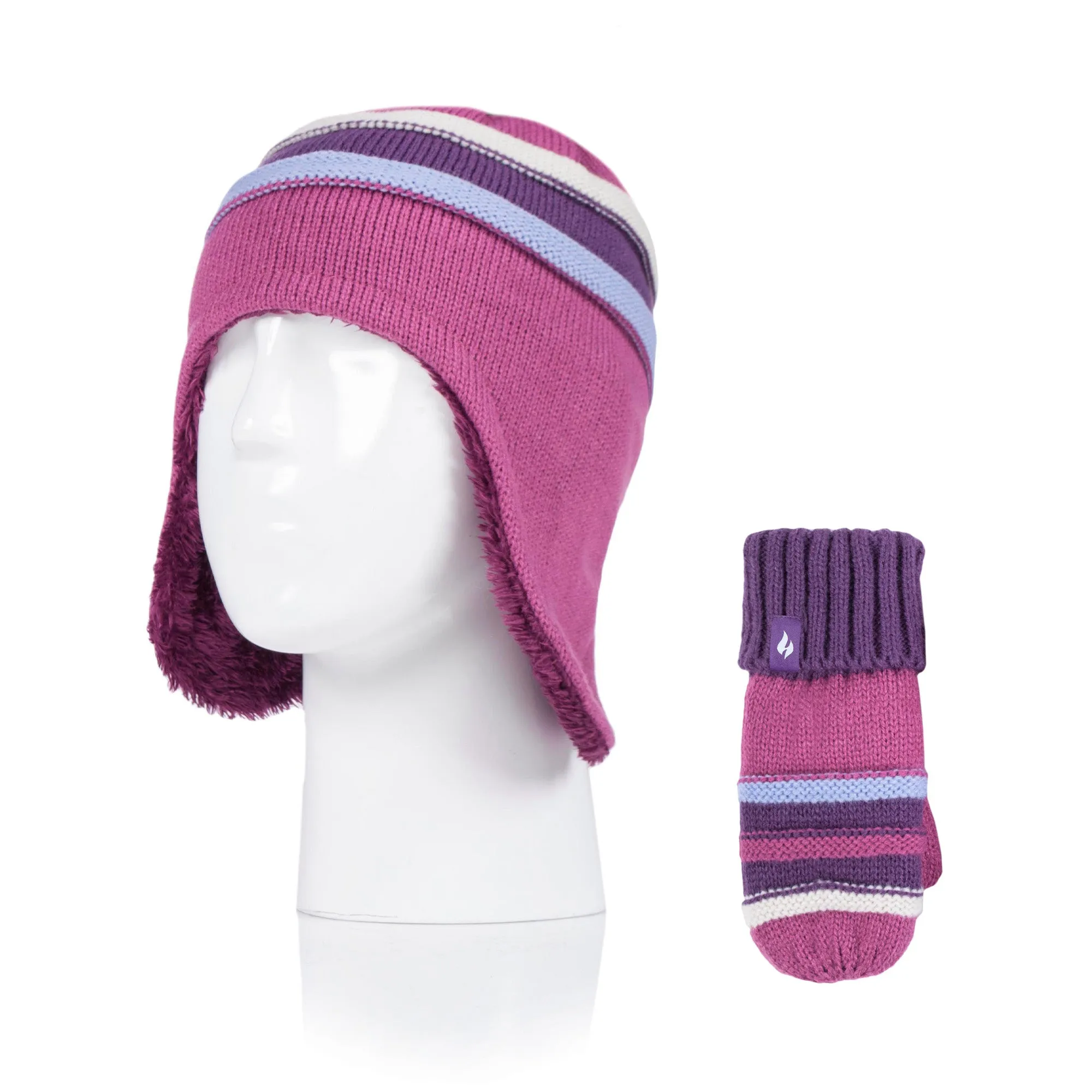 Kids Snowy Retreat Cosy Ears Hat & Mittens - Violet