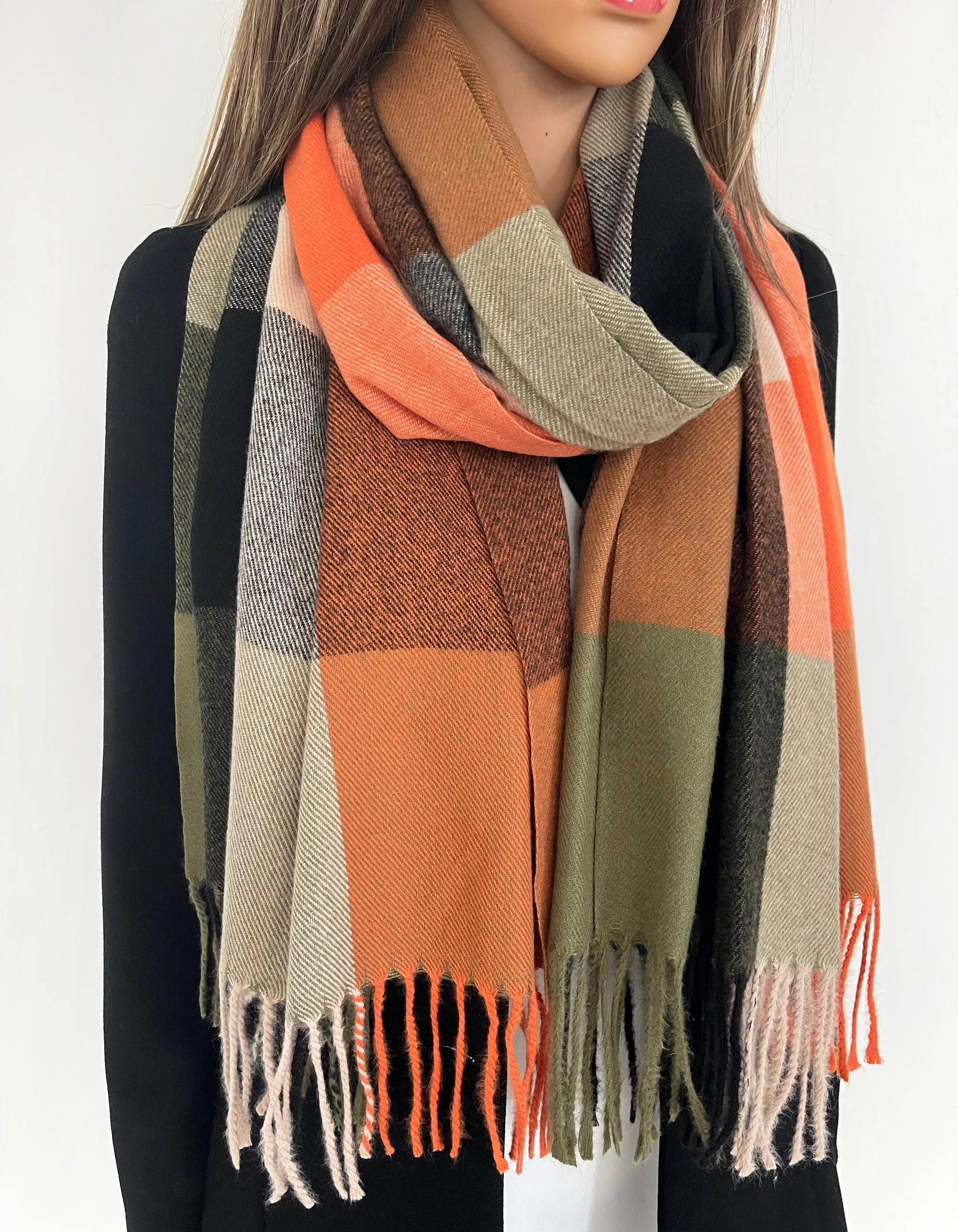 LONG ORANGE KHAKI GREEN WOOL MIX CHECKED TARTAN SCARF