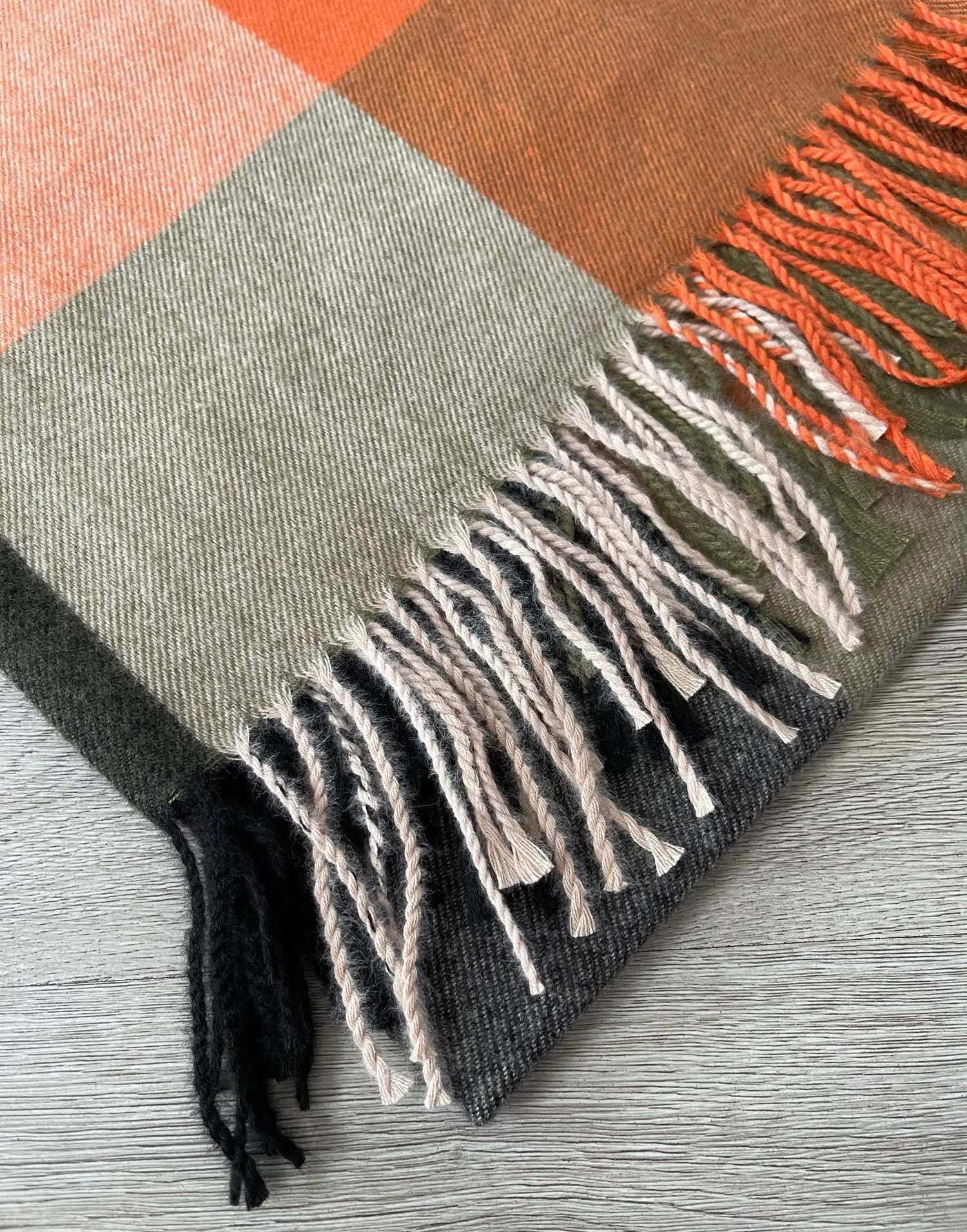 LONG ORANGE KHAKI GREEN WOOL MIX CHECKED TARTAN SCARF