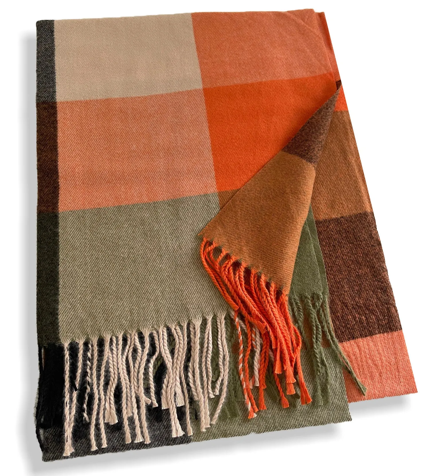 LONG ORANGE KHAKI GREEN WOOL MIX CHECKED TARTAN SCARF