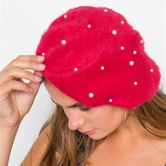 Pearl Detailed fuzzy Beret - Red