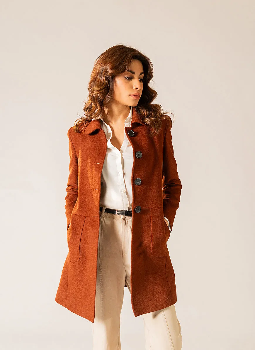 Womens Long Coat in Rust-Brown Wool Blend Fleece - Chic and Cozy Outerwear