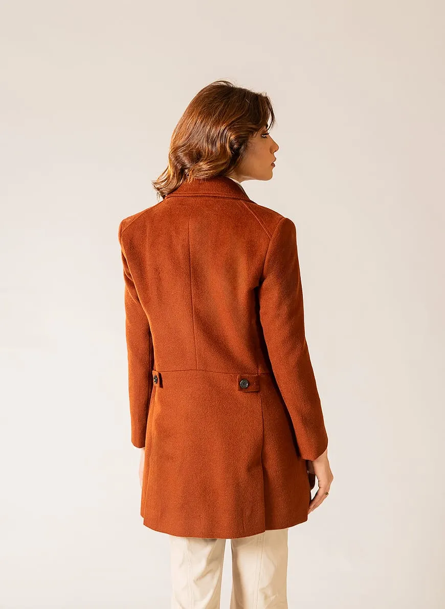 Womens Long Coat in Rust-Brown Wool Blend Fleece - Chic and Cozy Outerwear