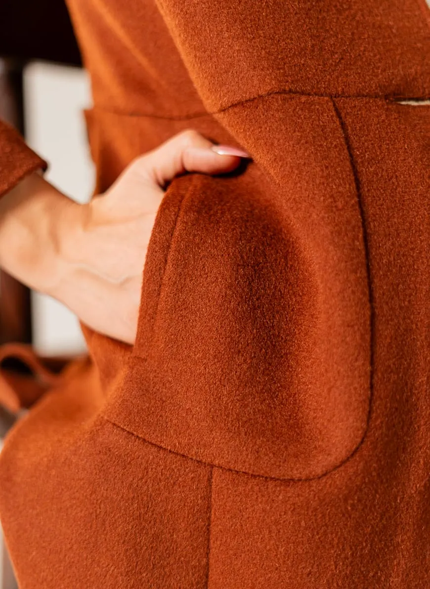 Womens Long Coat in Rust-Brown Wool Blend Fleece - Chic and Cozy Outerwear