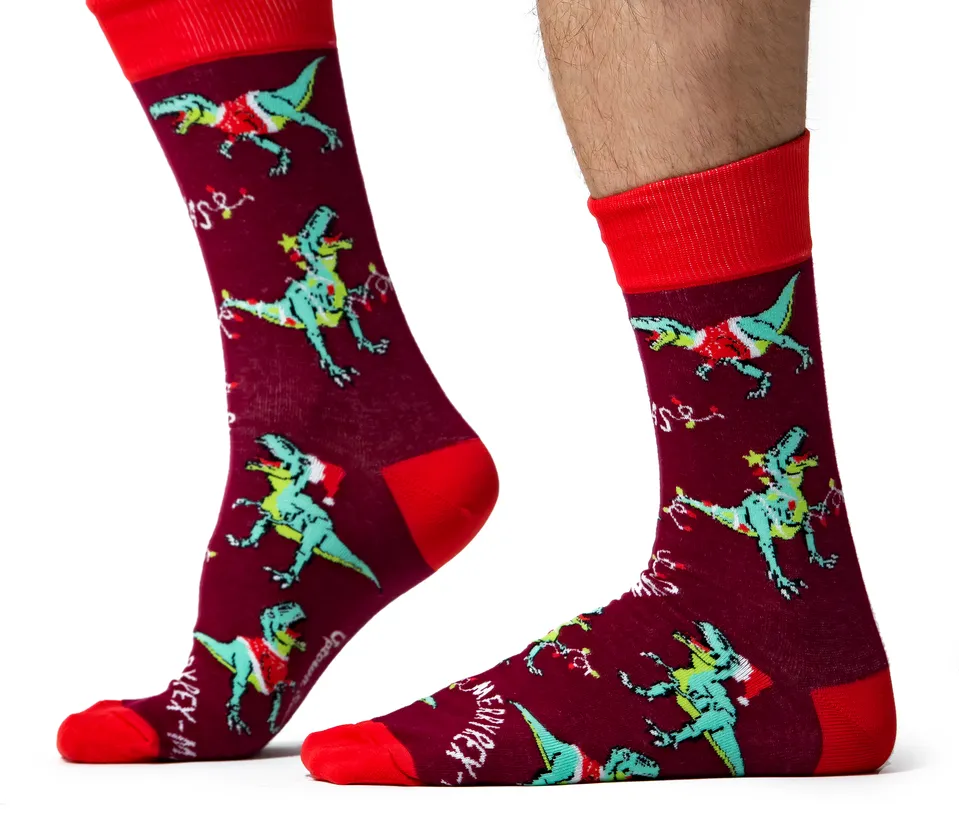 "Merry Rex-mas" Cotton Crew Christmas Socks by Uptown Sox - Large